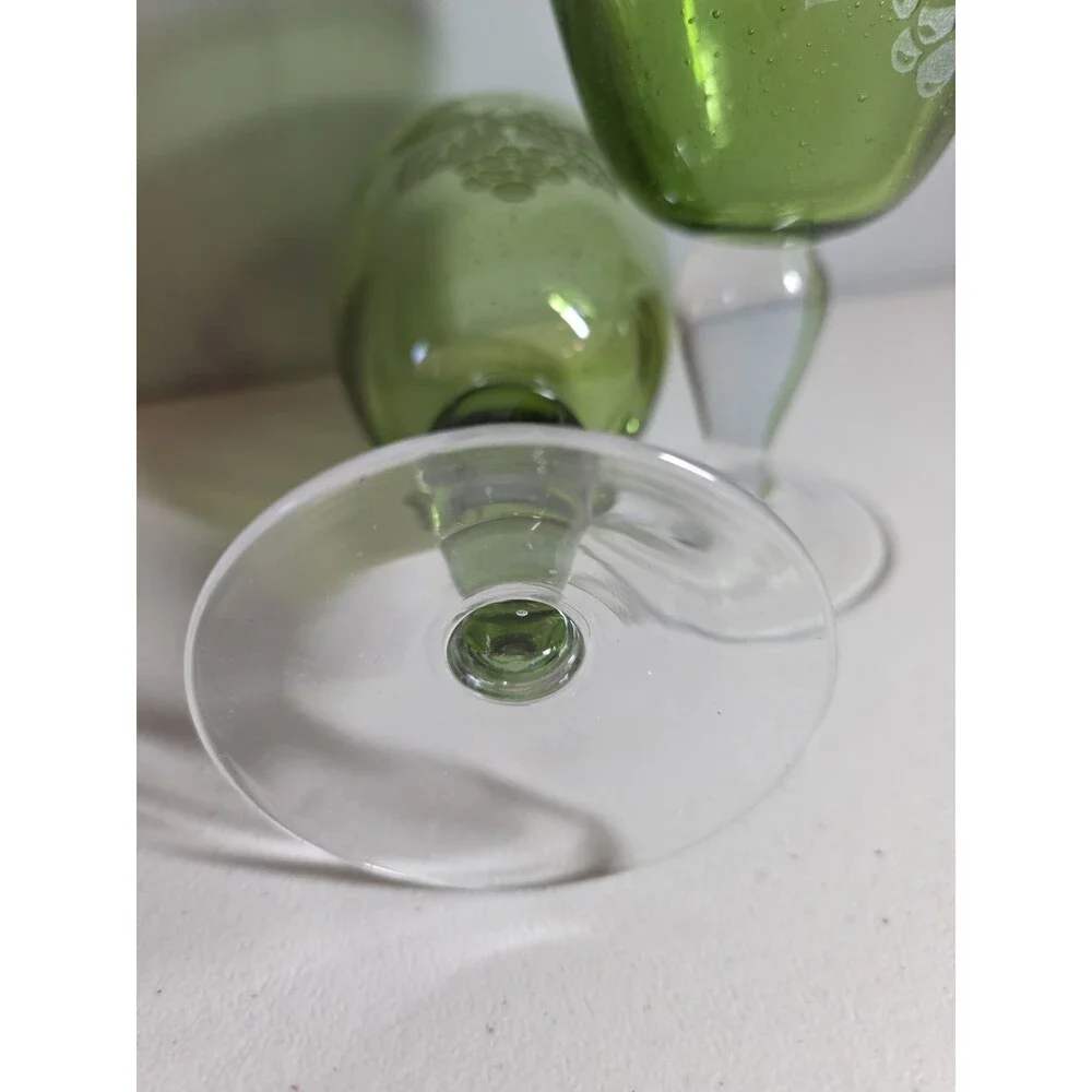 Block Basics Hand Made in Japan 2 Green Wine Glasses with Etched Grape Design